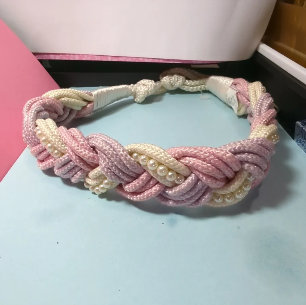 Vtg 80s Macramé Braided Belt Sz M/L Cream Lilac Pink Faux Pearls Romantic Boho